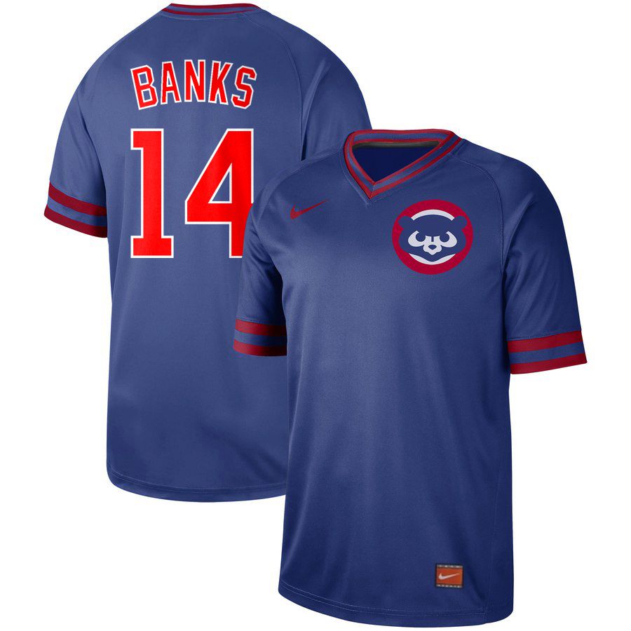 Men Chicago Cubs 14 Banks Blue Nike Cooperstown Collection Legend V-Neck MLB Jersey